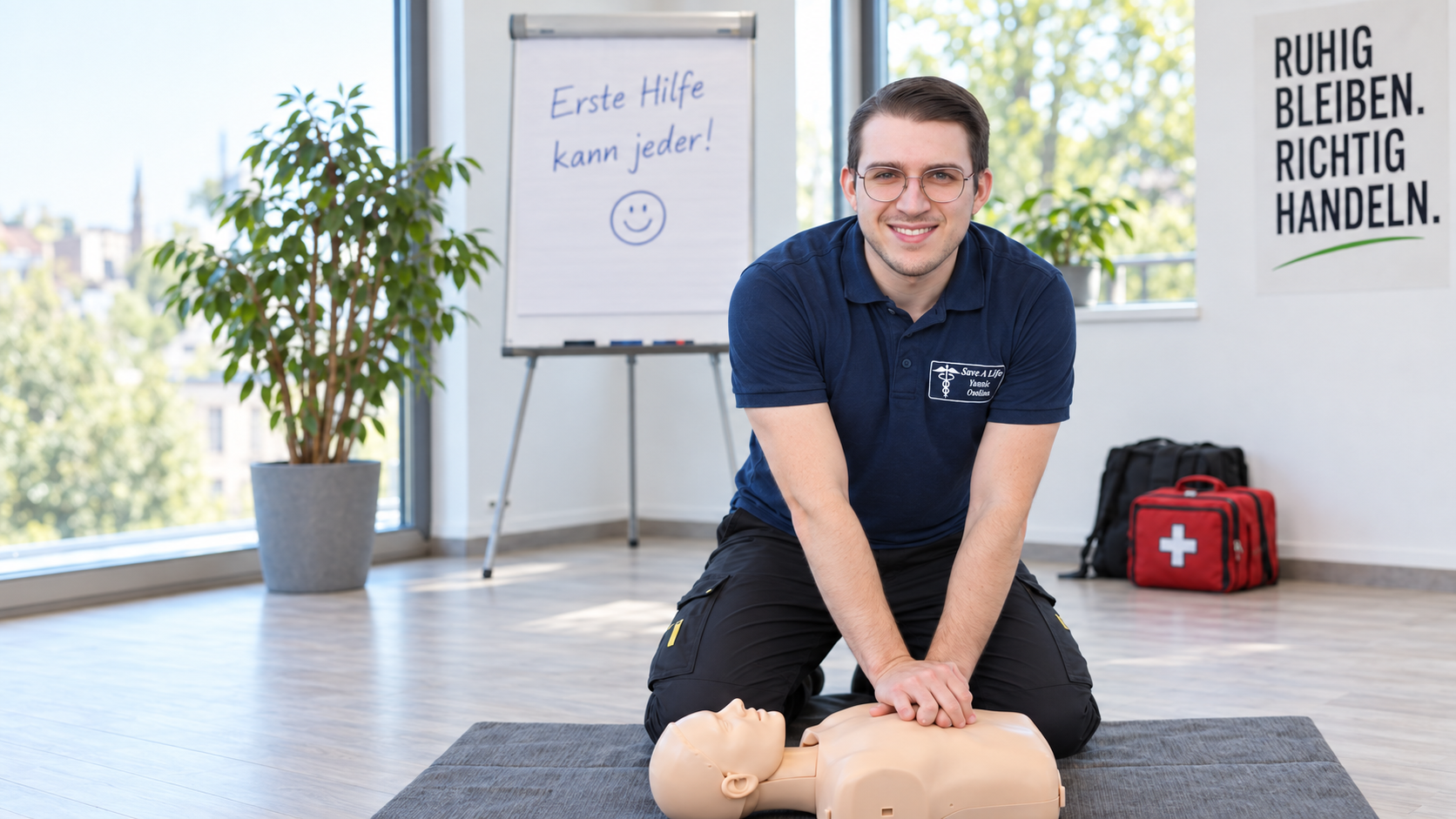 Yannic Osolina demonstriert die Herzdruckmassage an einer Reanimationspuppe in einem Erste-Hilfe-Kurs